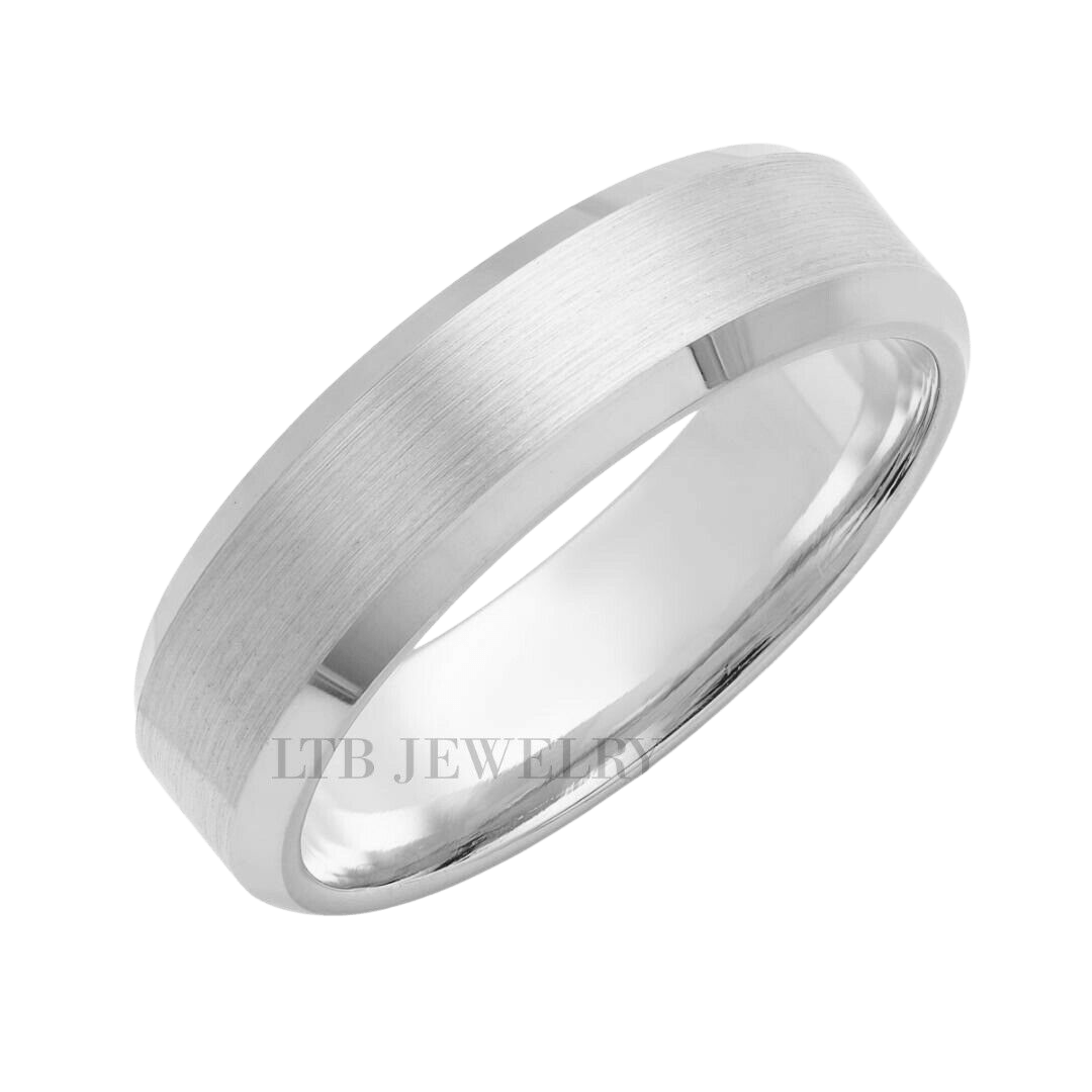 Solid white gold beveled edge men's wedding band with satin finish and shiny edges, 6mm wide, comfort fit.