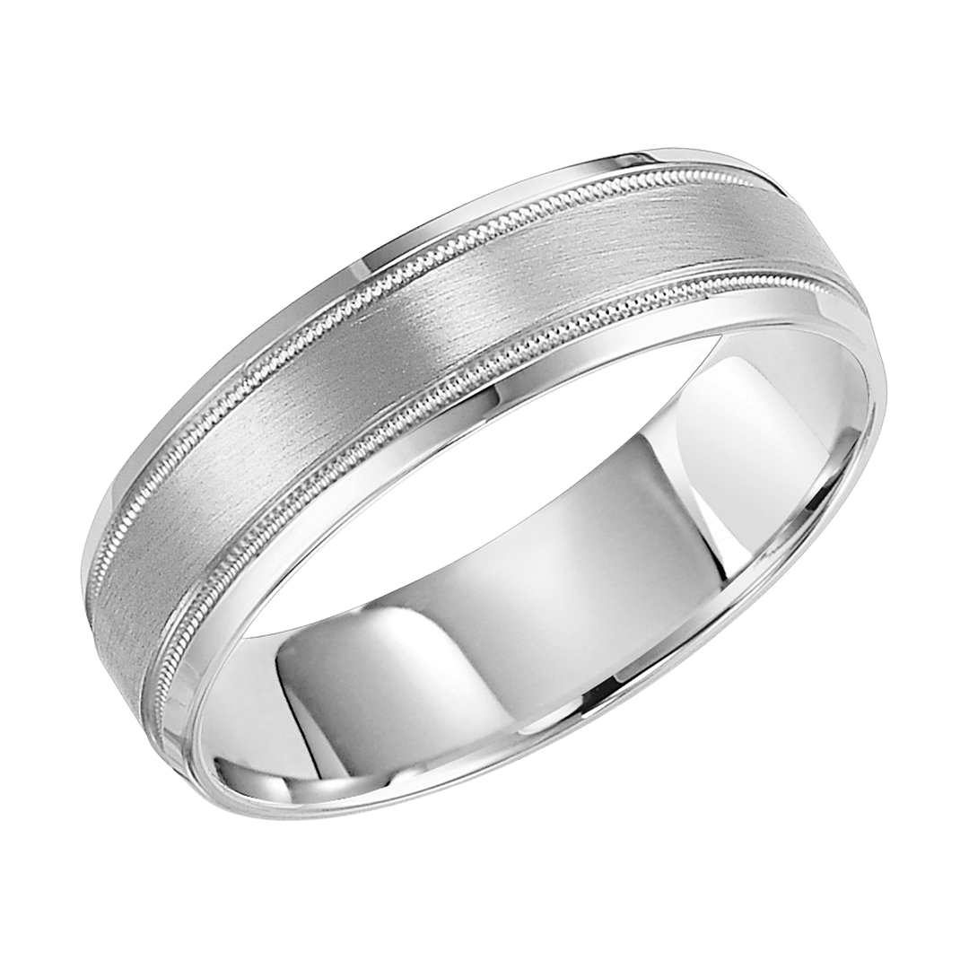 Solid white gold men's wedding band with satin finish and milgrain edges, 6mm comfort fit, crafted in New York.
