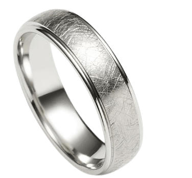 6mm white gold men's wedding band with satin wrinkle finish and shiny edges, comfort fitted, made in USA.