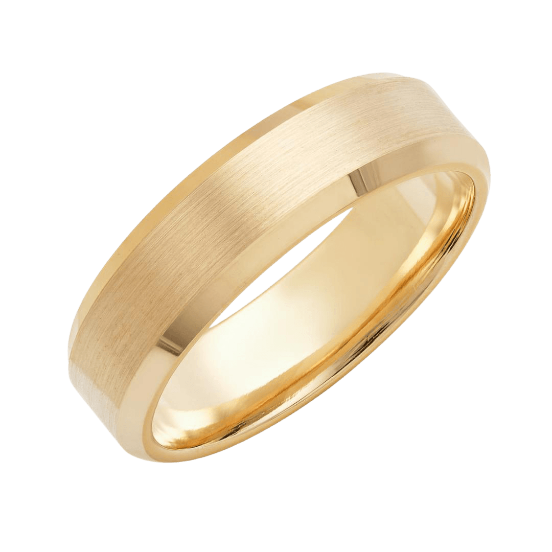 14K yellow gold men's wedding band with a satin finish and shiny beveled edges, 6mm wide, comfort fitted ring.