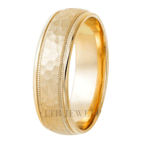 6mm yellow gold hammered finish mens wedding band with milgrain edges and shiny interior.