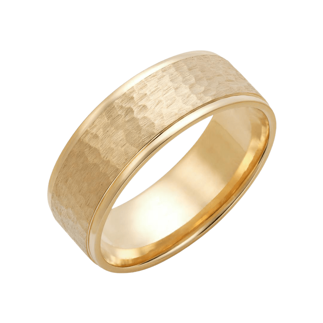 Solid yellow gold men's wedding band with hammered finish and shiny edges, 7mm wide, comfort fit, made in New York.