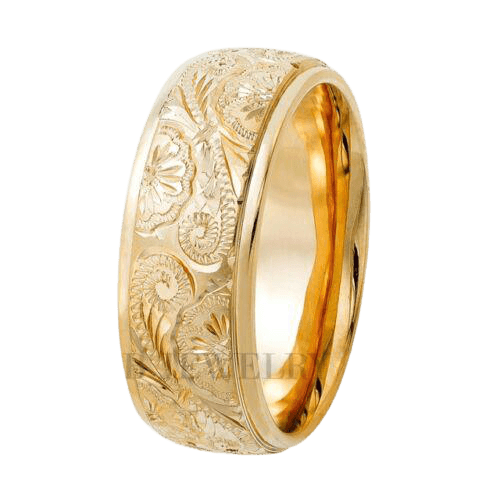 Hand Engraved Mens Wedding Bands, 8m 14K Yellow Gold Hand Engraved Mens Wedding Rings
