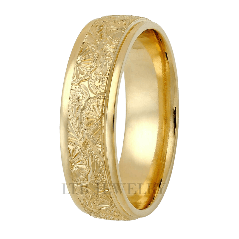 6mm 10K 14K 18K Yellow Gold Hand Engraved Mens Wedding Bands