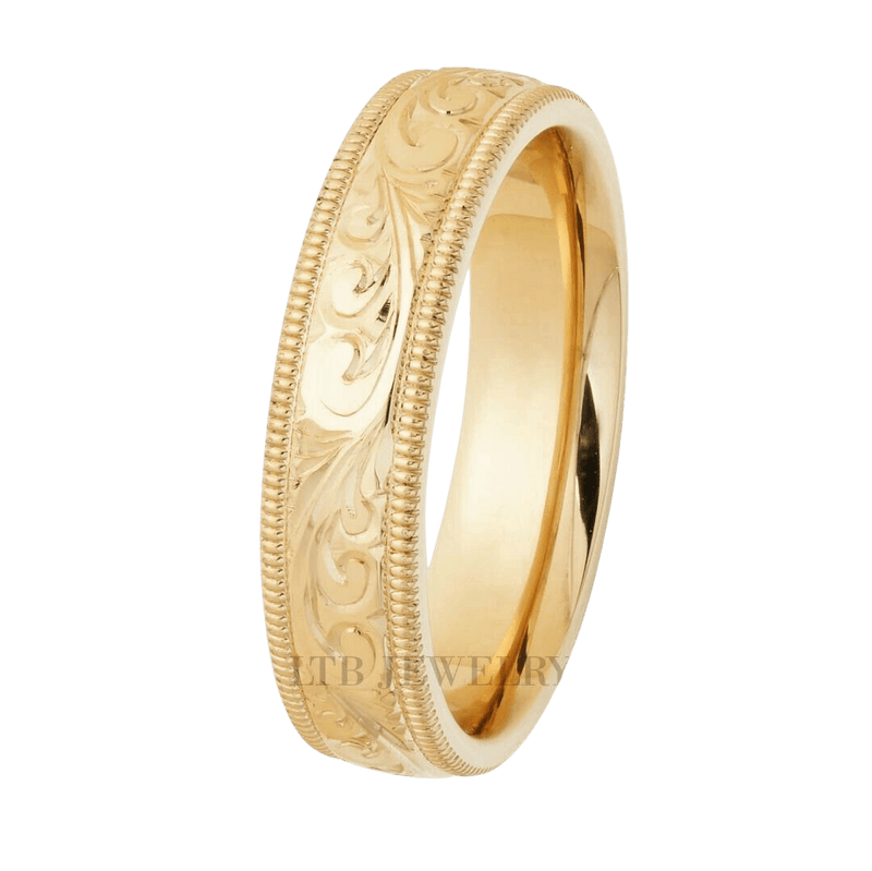 10K Yellow Gold Hand Engraved Mens Wedding Bands
