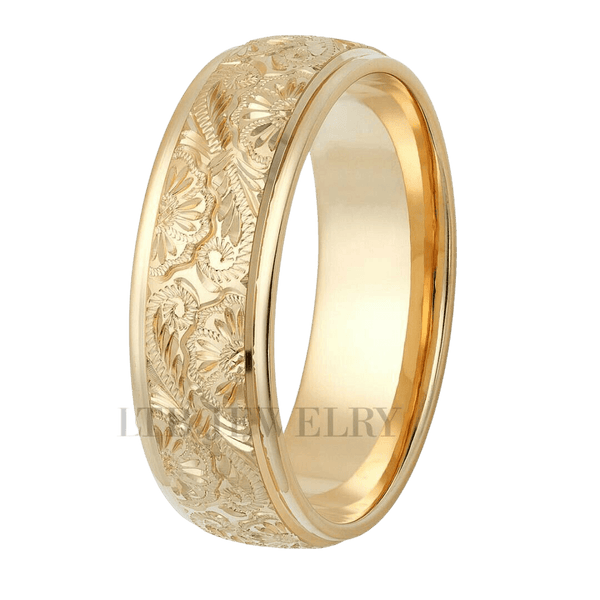 14K Solid Yellow Gold Mens Hand Engraved Wedding Bands