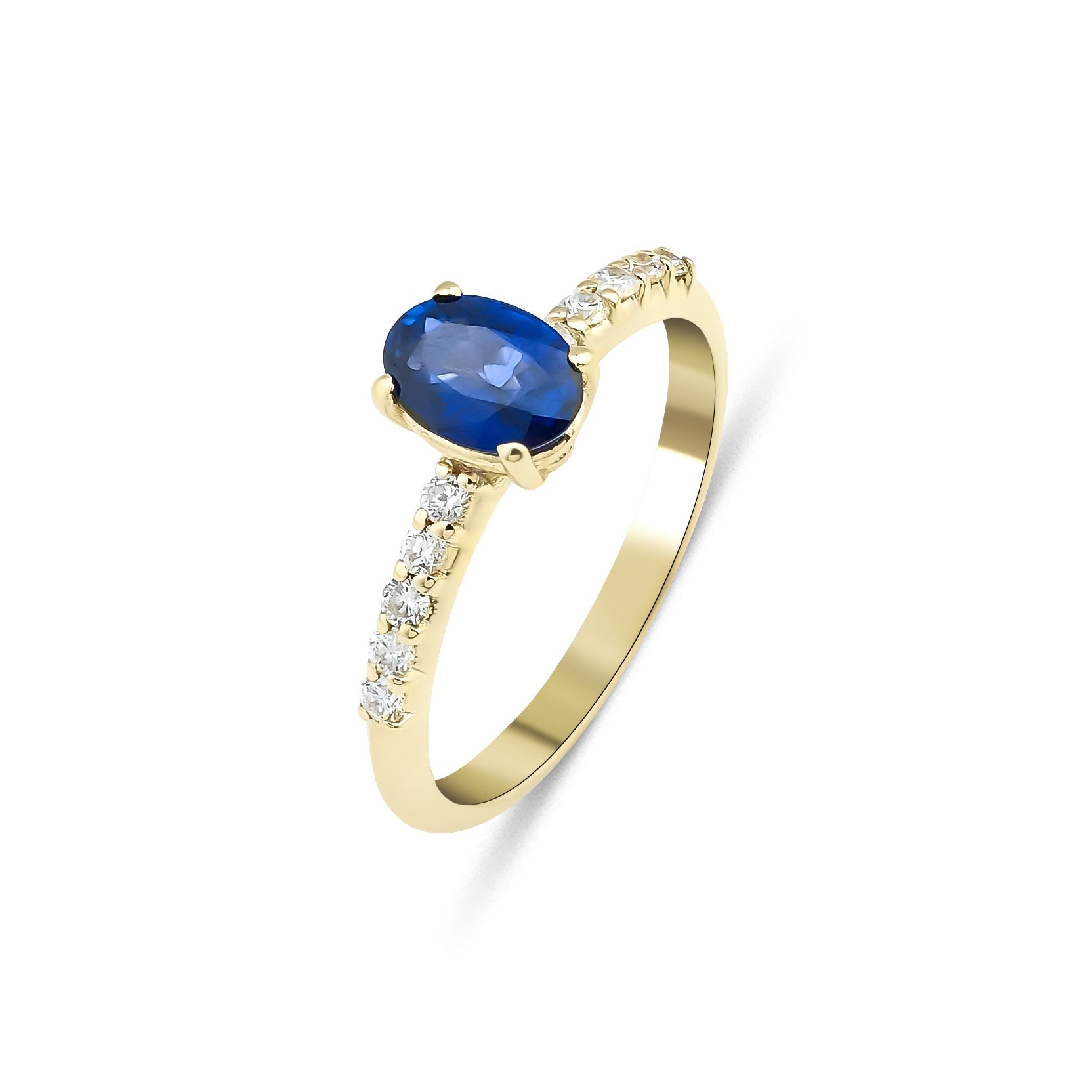 14K gold engagement ring featuring a 1 carat oval sapphire and sparkling round diamonds set in a delicate design.