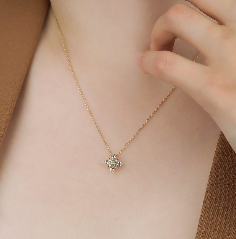 14K Gold Diamond Necklace, Diamond and Natural Blue Topaz Necklace, Cluster Necklace