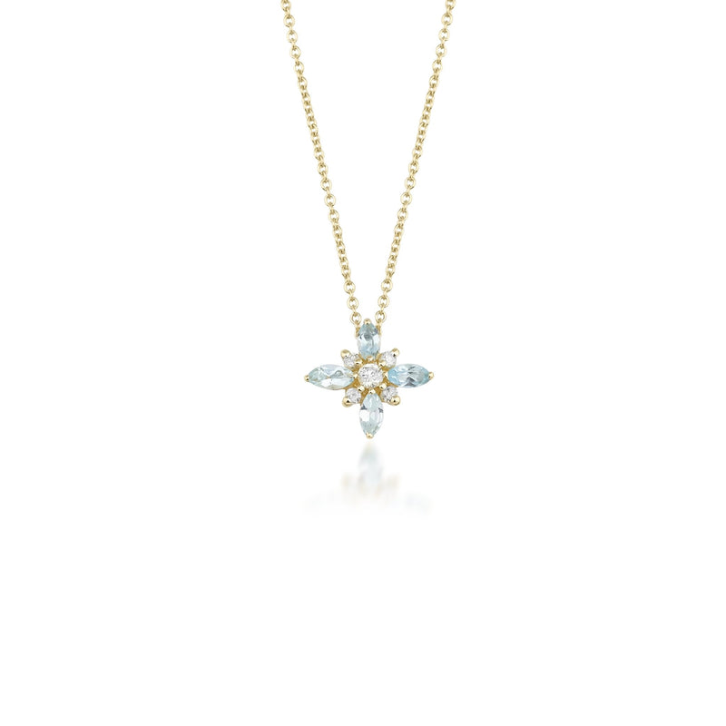 14K Gold Diamond Necklace, Diamond and Natural Blue Topaz Necklace, Cluster Necklace