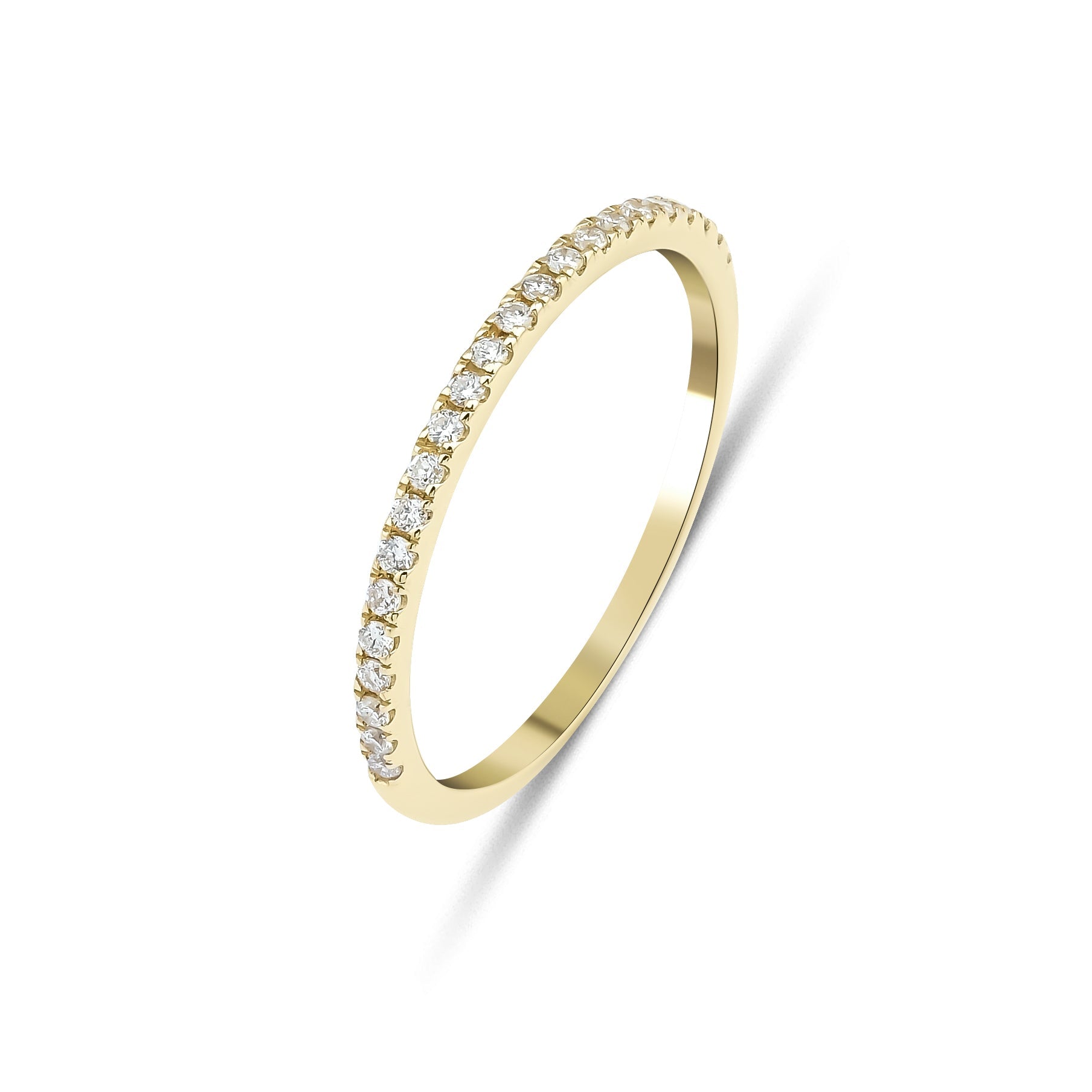 14K gold half eternity wedding ring with micro pave diamonds, ultra-thin design, perfect for stacking or as a stunning band.