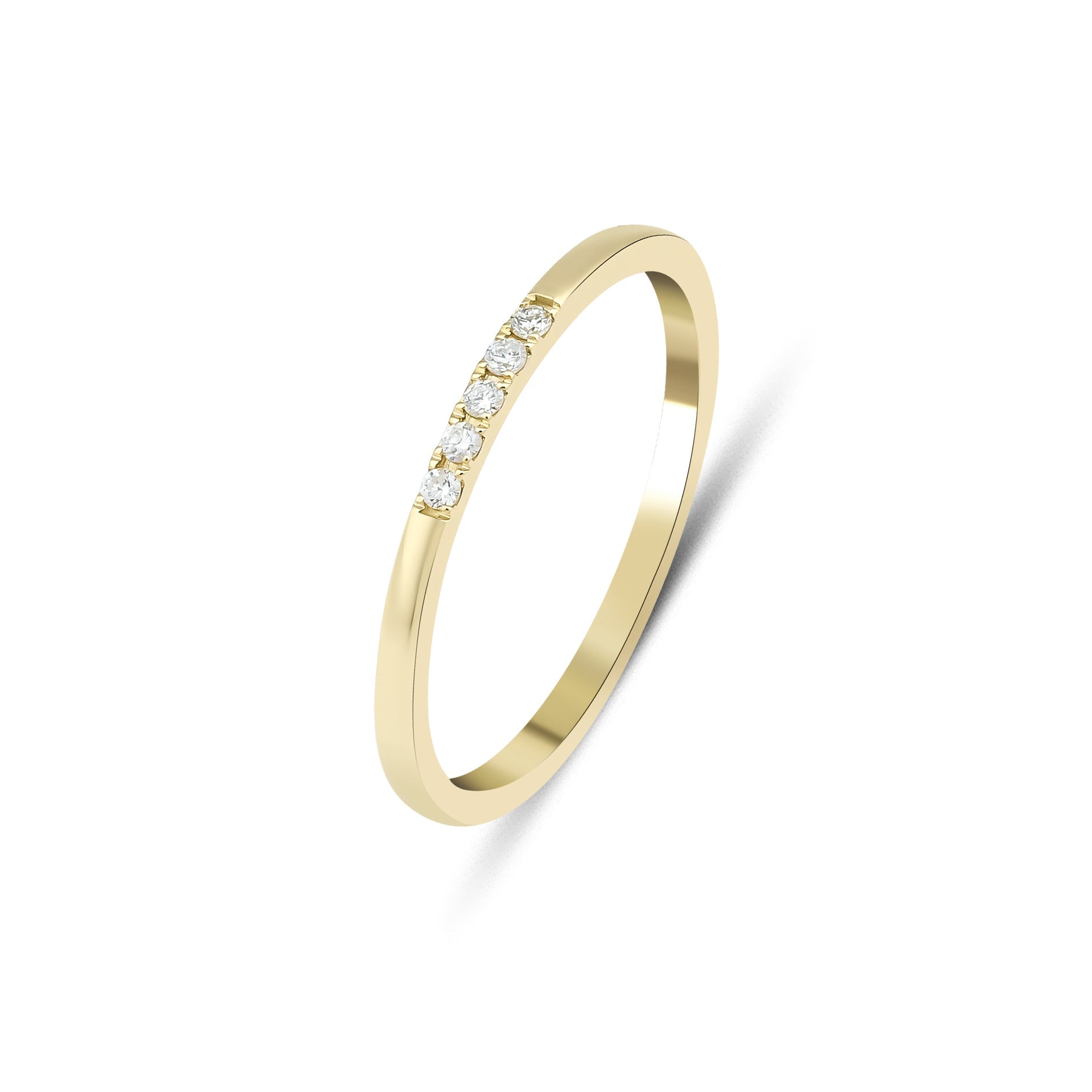 Minimalist 14K solid yellow gold wedding band with five 1.3mm round diamonds, total carat weight 0.05, shiny finish.