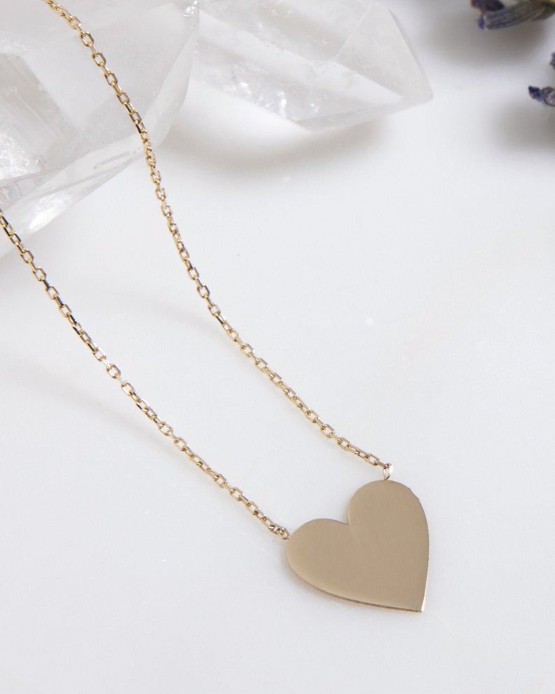 14K Solid Yellow Gold Heart Necklace, Dainty Heart Necklace, Engravable Heart Necklace, Minimalist Heart Necklace, Gold Heart Necklace
