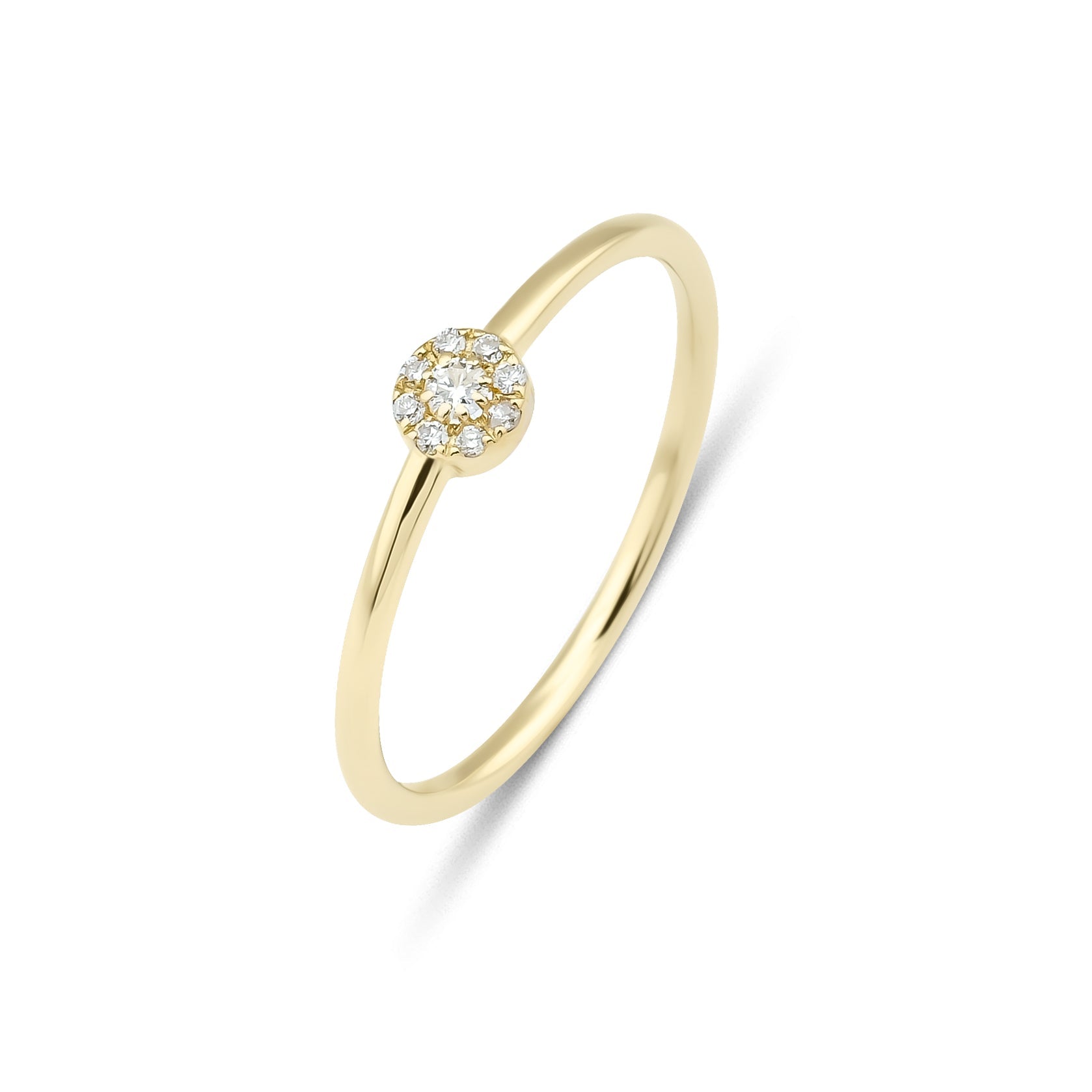 14K gold minimalist halo diamond ring featuring a delicate design with round diamonds, perfect for everyday wear.