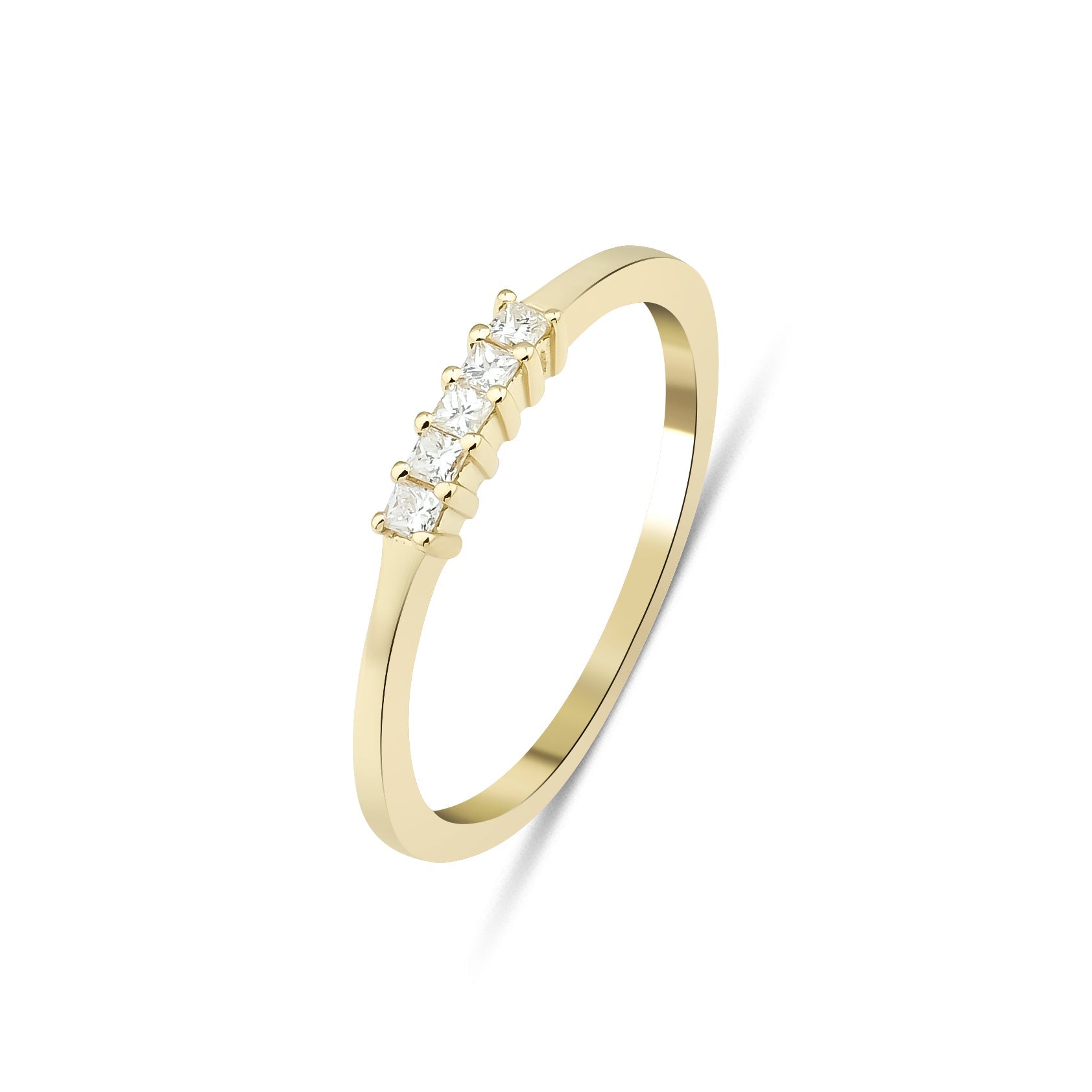 14K gold wedding ring featuring five princess cut diamonds in a shiny finish, available in sizes 4-8.