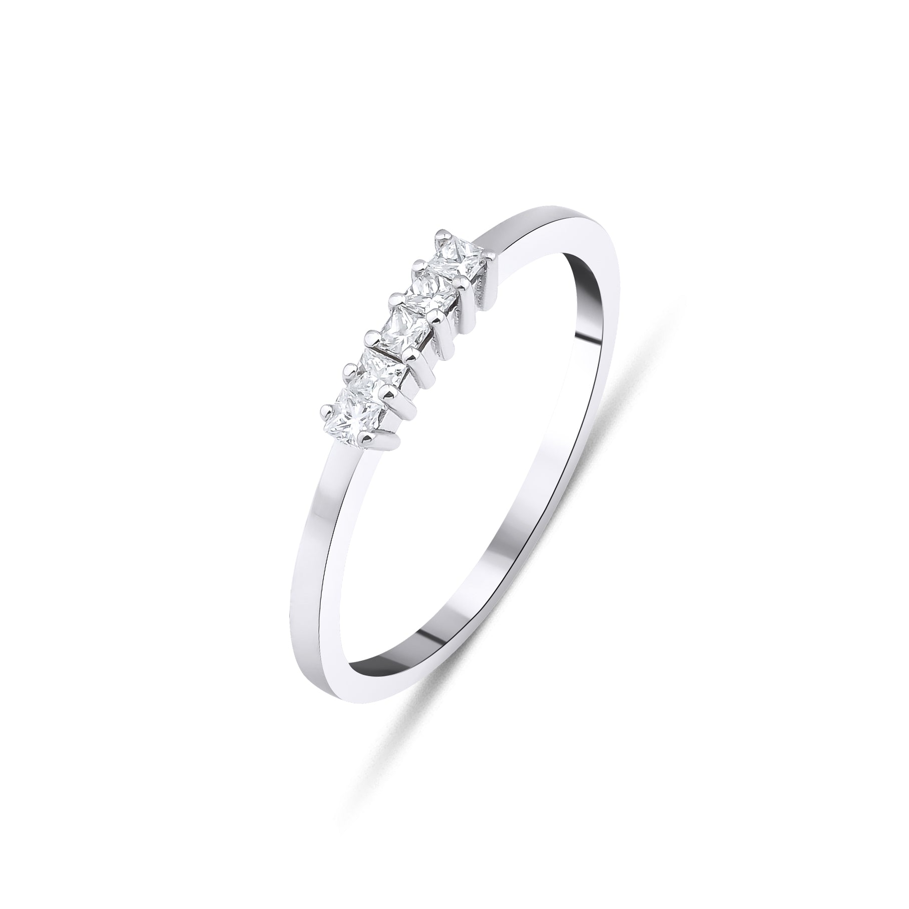 14K gold princess cut diamond wedding ring featuring five 1.5mm diamonds in a shiny finish, elegant and modern design.