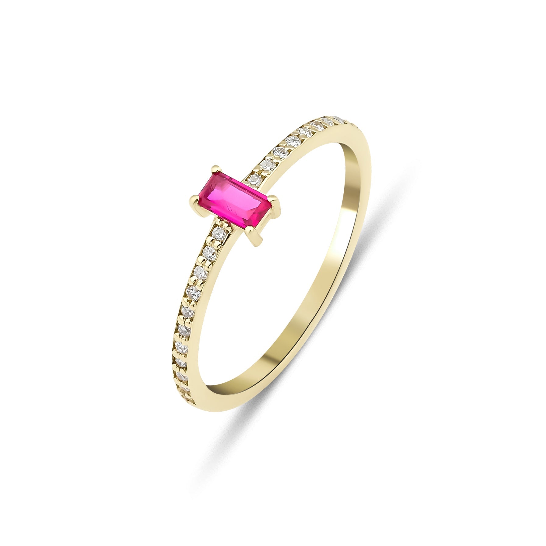 14K gold minimalist eternity wedding ring featuring a lab-created ruby and diamond accents, perfect for everyday wear.
