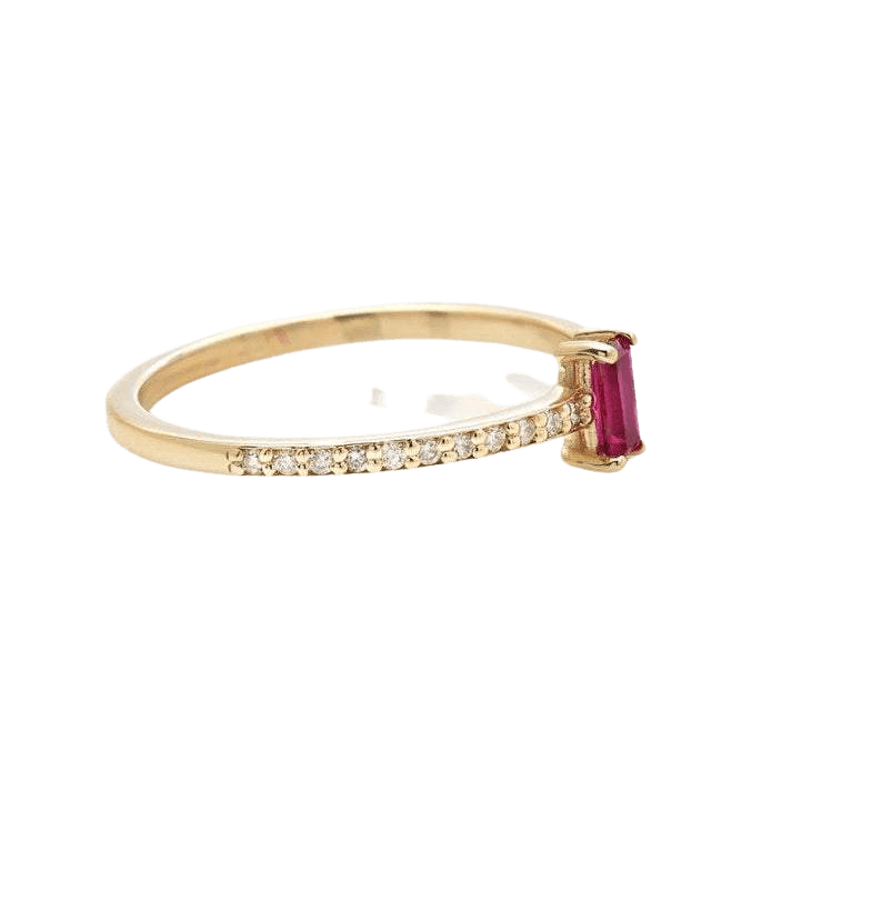 14K gold minimalist wedding ring featuring a lab-created ruby and diamond accents, perfect for everyday wear.