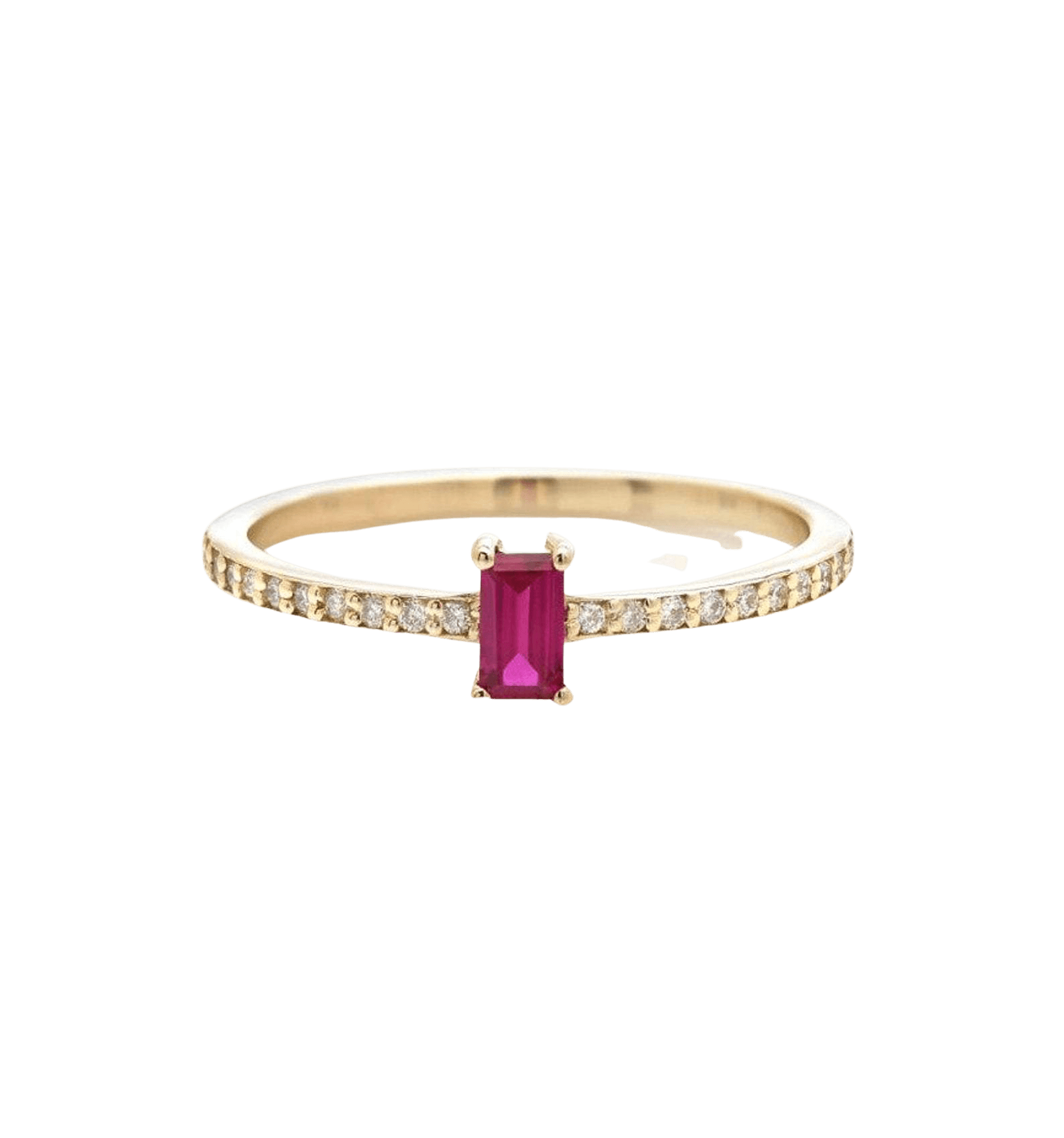 Dainty 14K gold eternity wedding ring featuring a central ruby and diamond accents, perfect for everyday elegance.