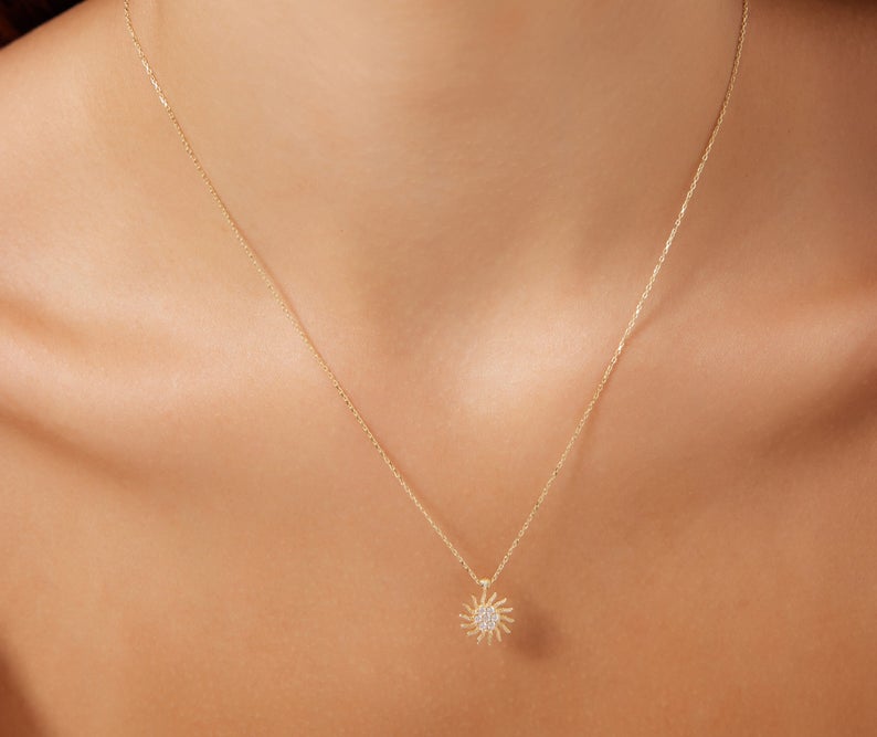 14K Solid Yellow Gold Sun Necklace, Diamond CZ Sun Necklace, Dainty Sun Star Necklace, Sun Charm Pendant