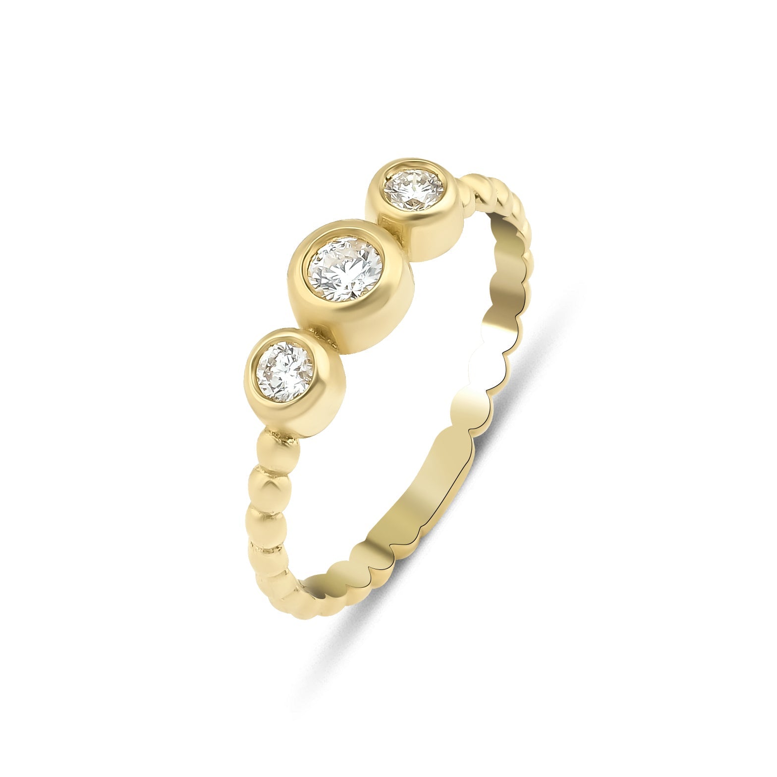 14K gold trio diamond ring with round diamonds, 0.24ct total carat, elegant yellow gold design.