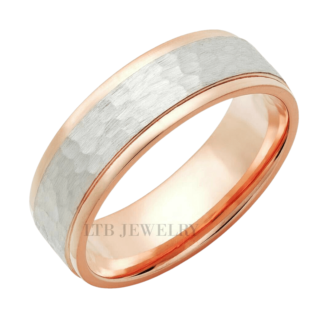 14K rose gold and platinum hammered finish men's wedding band, 7mm comfort fit, elegant design, made in New York.