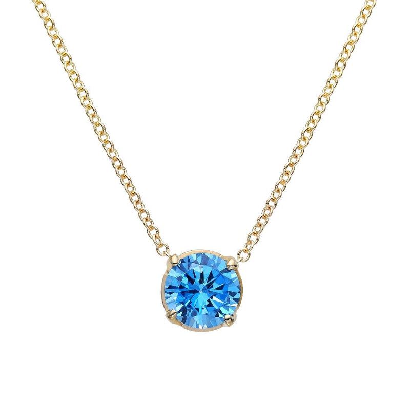 14K Solid Gold 6mm Solitaire Blue Aquamarine Necklace