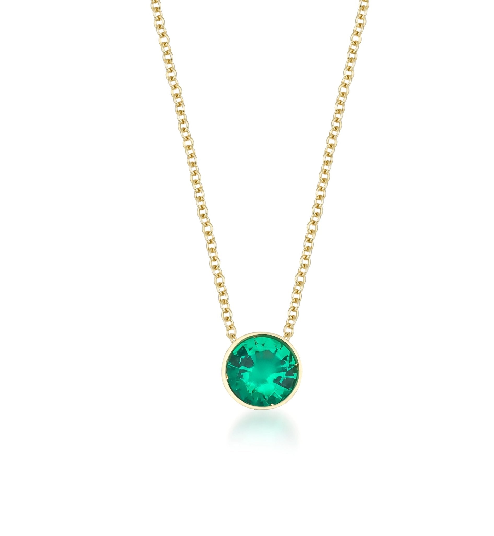 14K yellow gold necklace featuring a 6mm bezel set lab-created emerald solitaire stone, perfect for everyday wear.