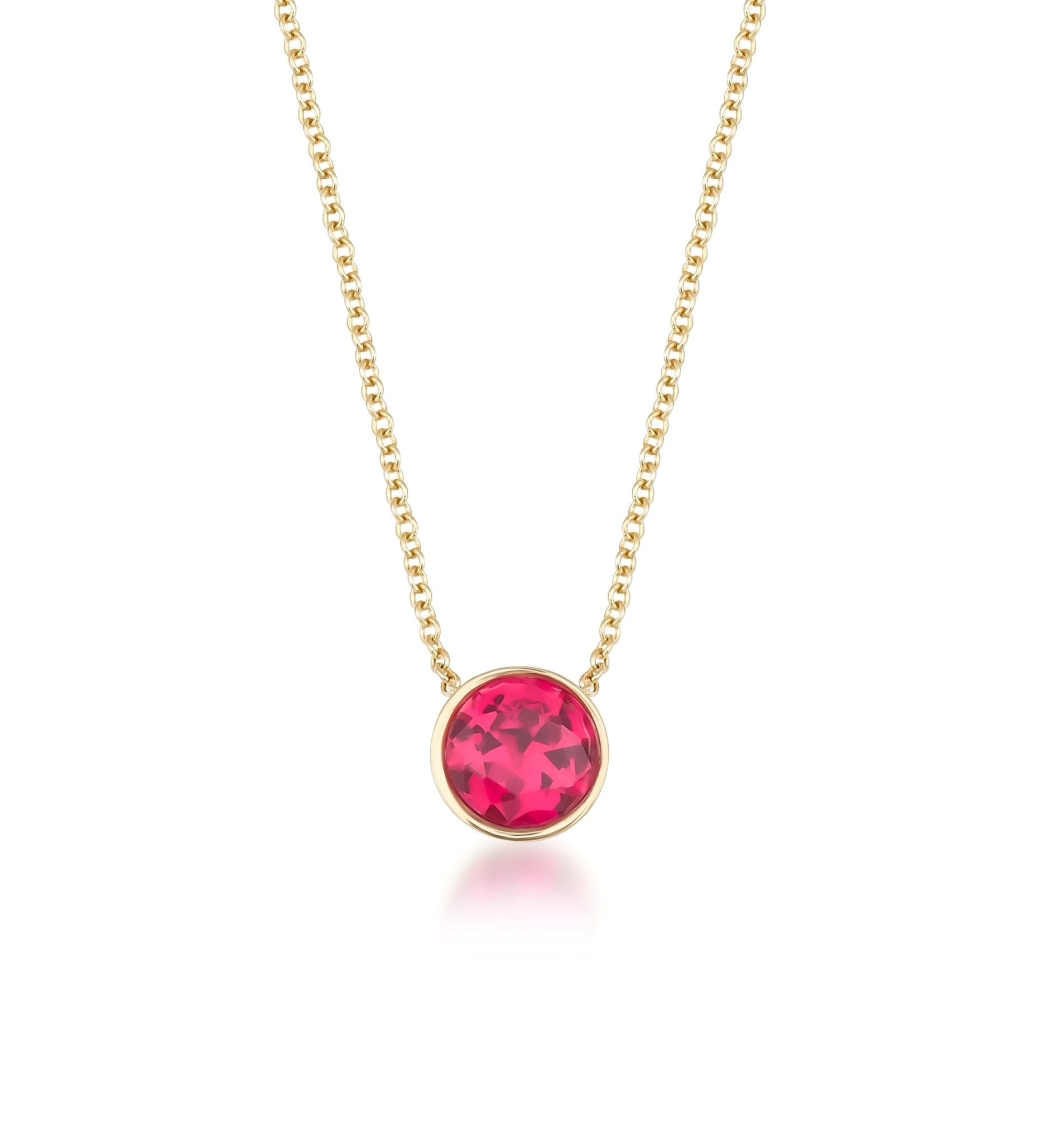 14K yellow gold 6mm bezel set ruby solitaire necklace, minimalist design, perfect for daily wear, July birthstone.