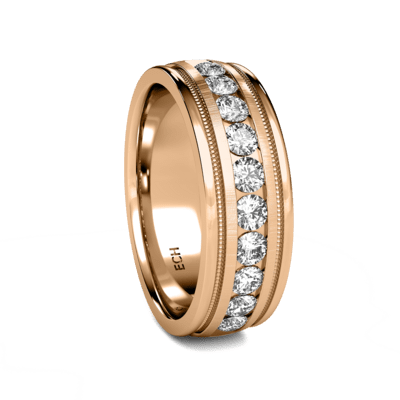 14K solid rose gold men's wedding band with 0.80 carats of round brilliant cut diamonds and milgrain detailing.