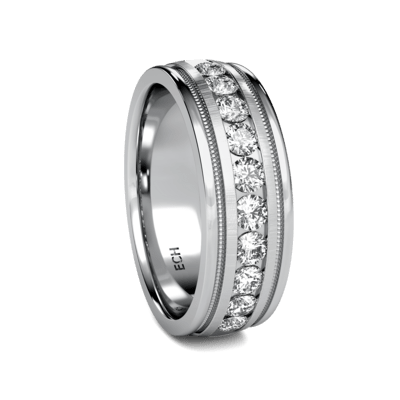 14K solid rose gold mens wedding band with 0.80 carats of diamonds, featuring a shiny finish and milgrain detail.