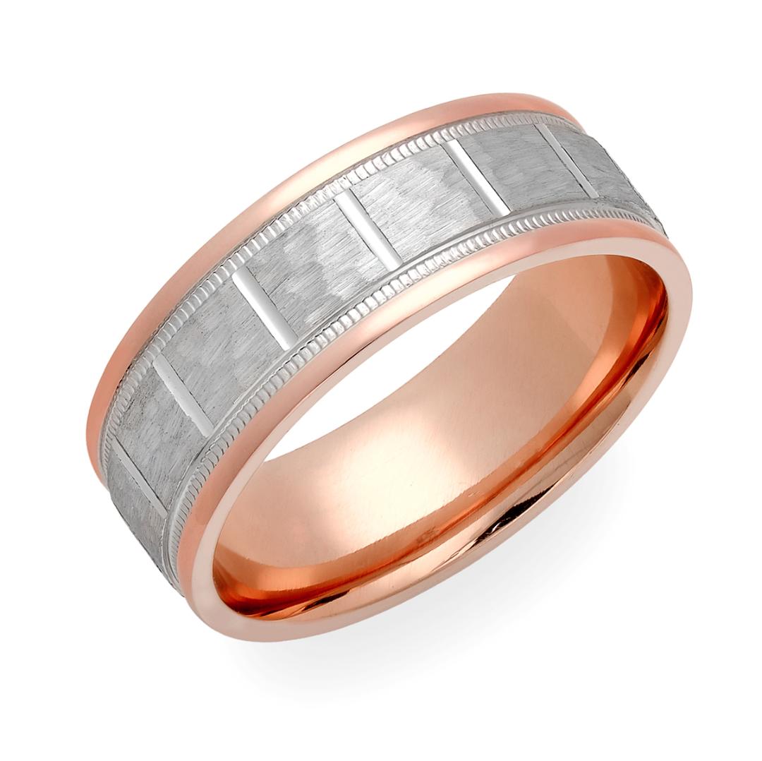 14K Solid Rose Gold and Platinum Hammered Finish Mens Wedding Band, 7mm wide with milgrain design.