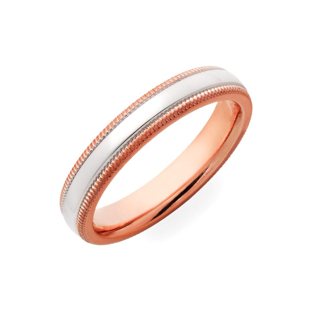14K solid rose gold and platinum wedding band with milgrain edges, 4mm wide, comfort fitted, made in New York, USA.
