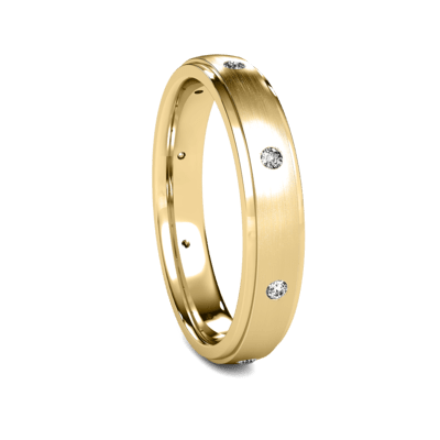 14K solid rose gold wedding band featuring 8 round cut diamonds and a satin finish.