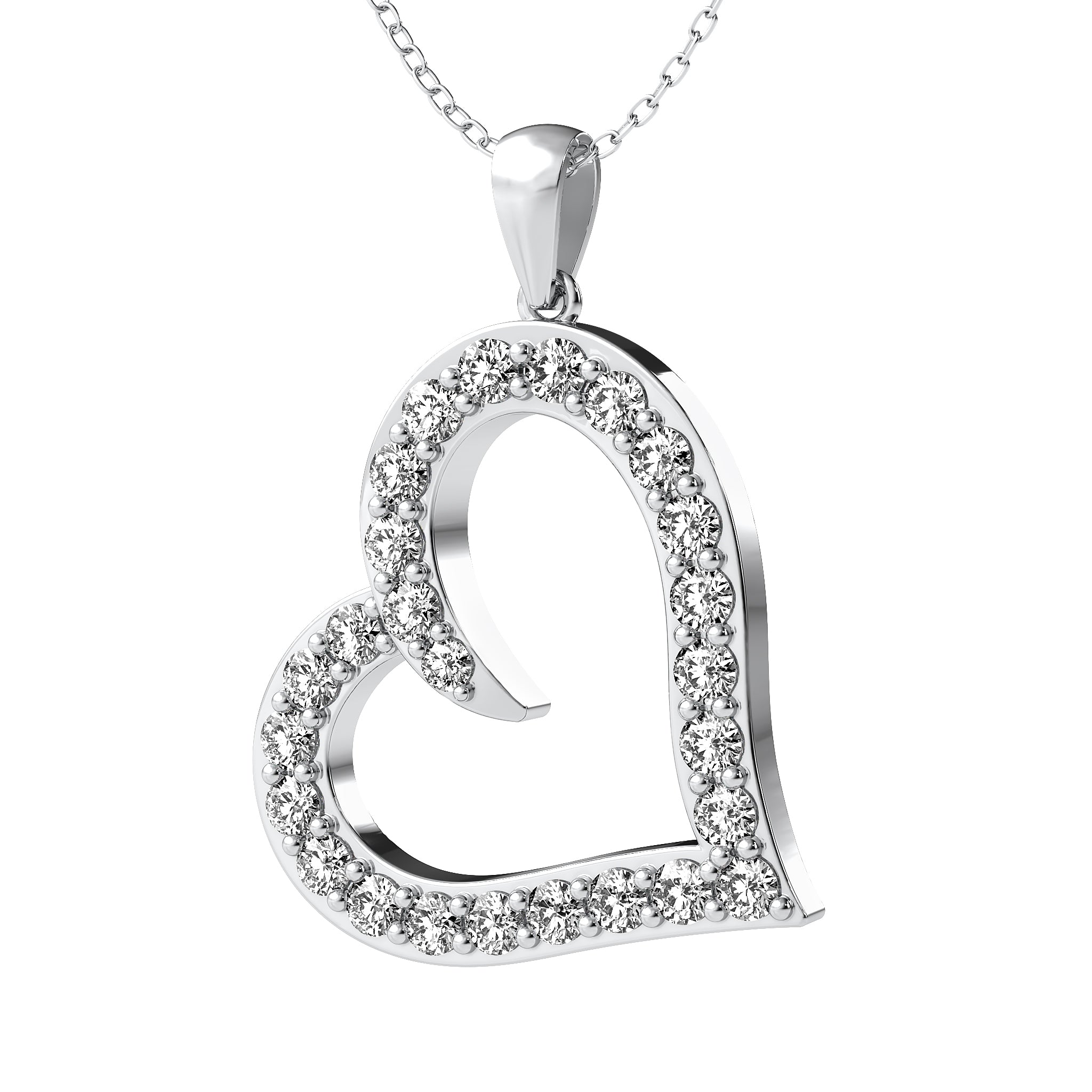 14K solid white gold heart necklace featuring 0.55 carat lab-created diamonds, F color, VS clarity, elegant design.