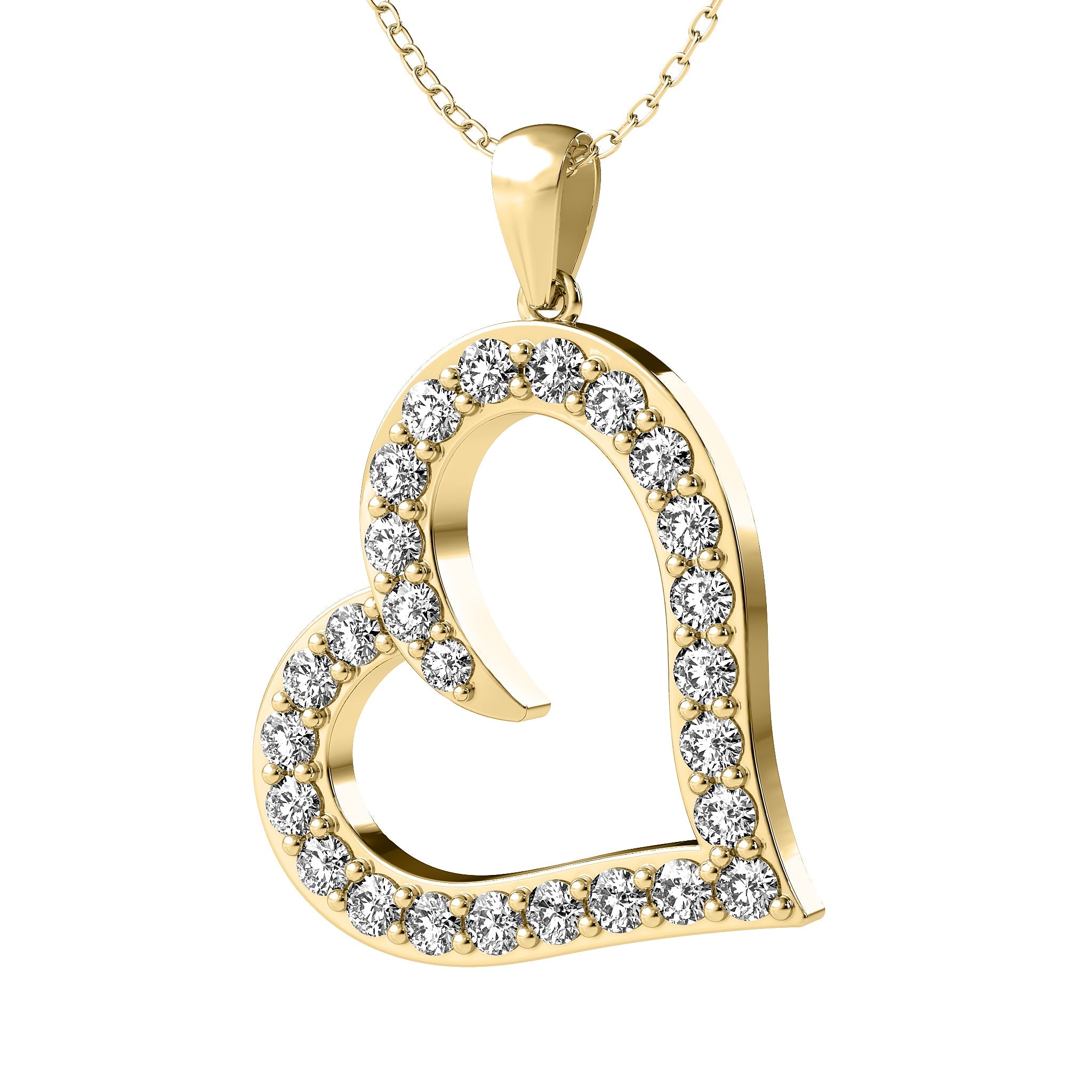 14K Solid Yellow Gold Heart Pendant Necklace with Sparkling Lab-Created Diamonds, 0.55 Carat Total Weight.