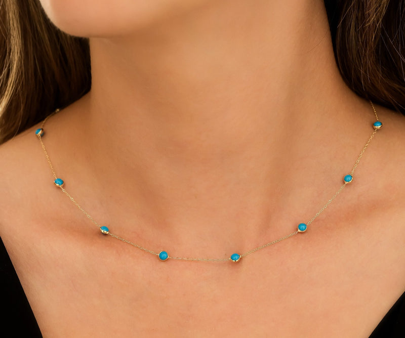 14K Solid White Gold Beaded Station Turquoise Necklace