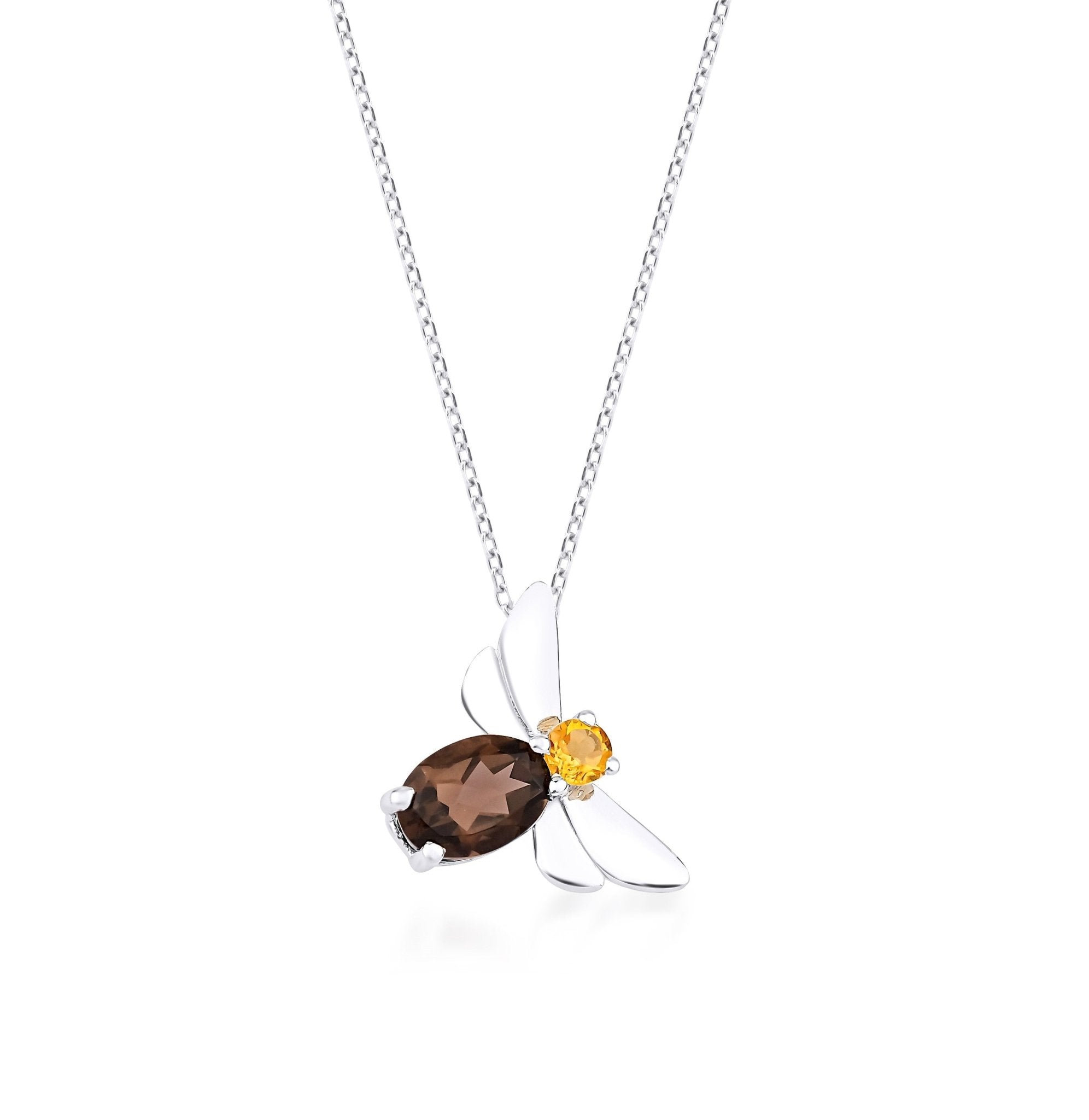 14K solid white gold bee necklace featuring natural citrine and smoky stone, perfect for everyday wear.