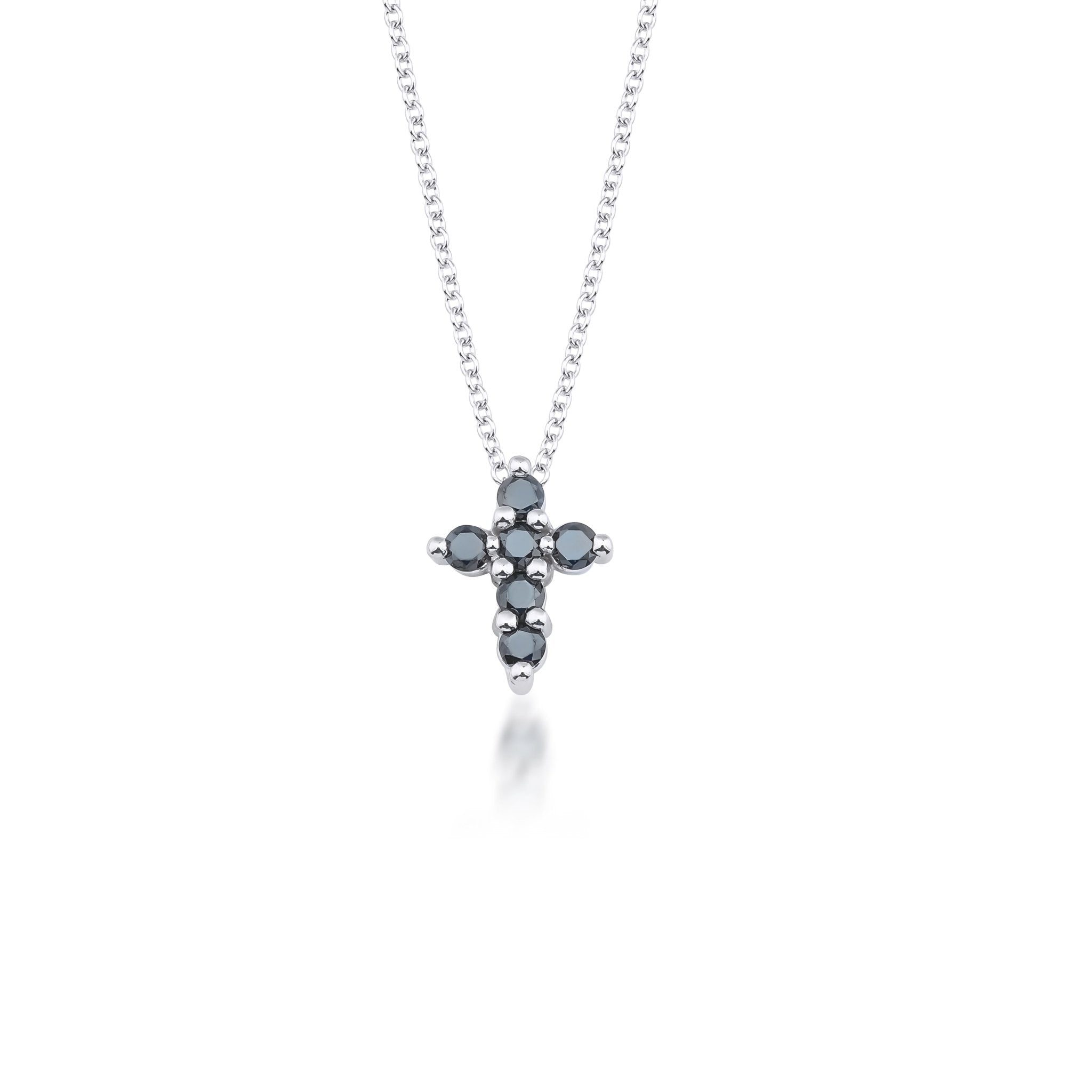 14K solid white gold minimalist cross necklace adorned with black diamonds, perfect for everyday wear.