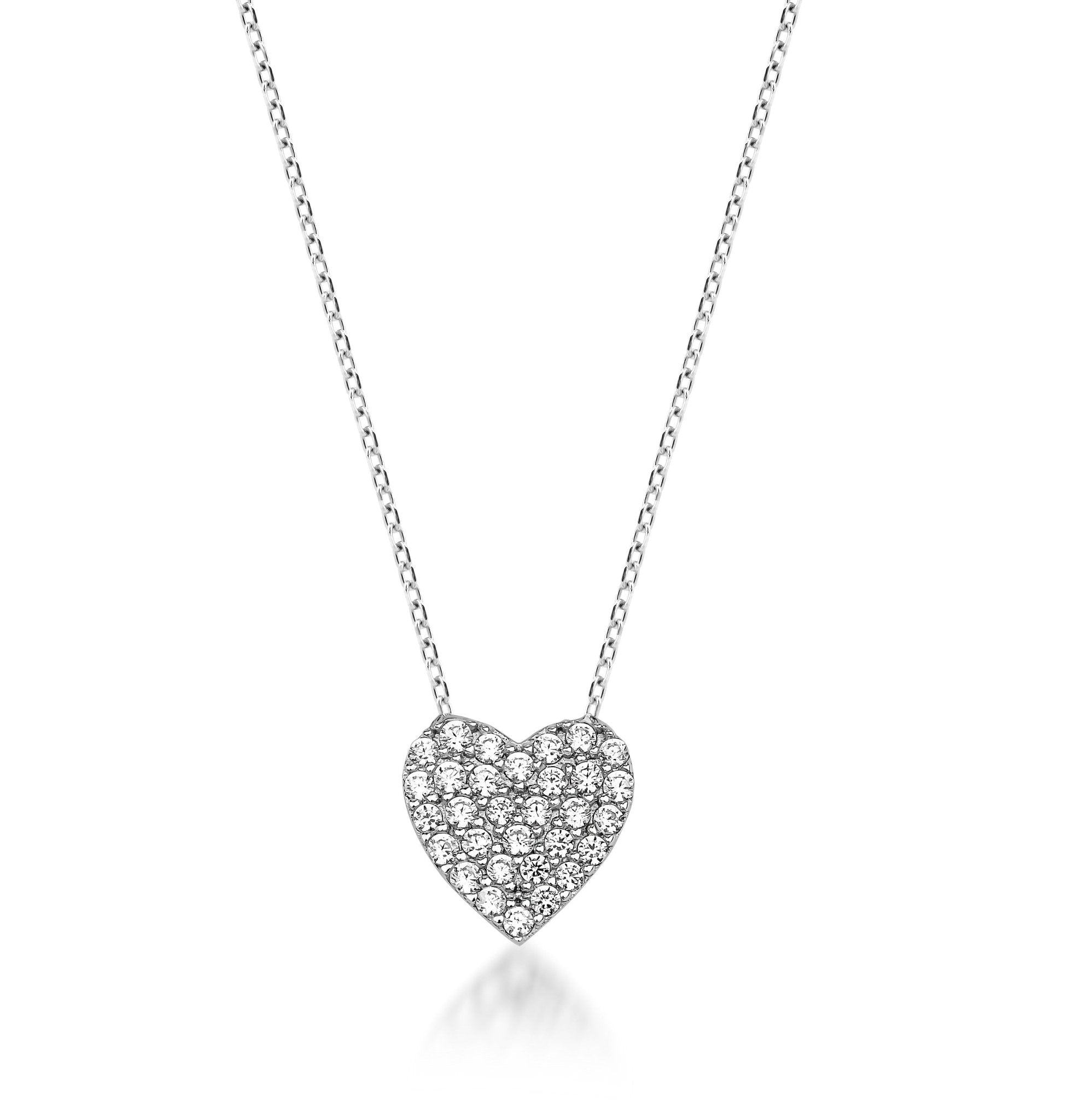 14K solid white gold dainty heart necklace with CZ, minimalist design for everyday use, 17 inches long.