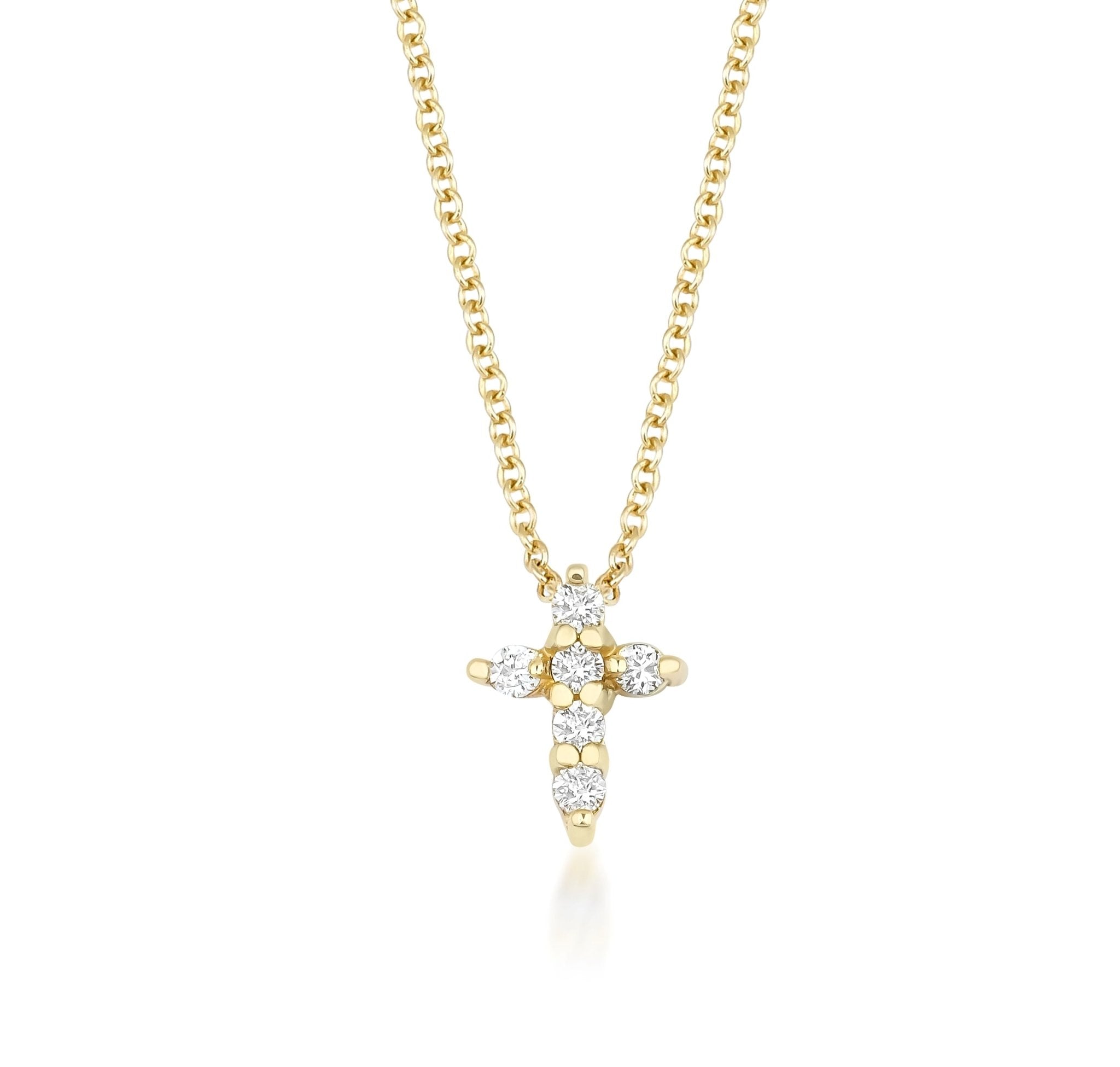 14K solid white gold minimalist diamond cross necklace showcasing six sparkling diamonds on a delicate chain.