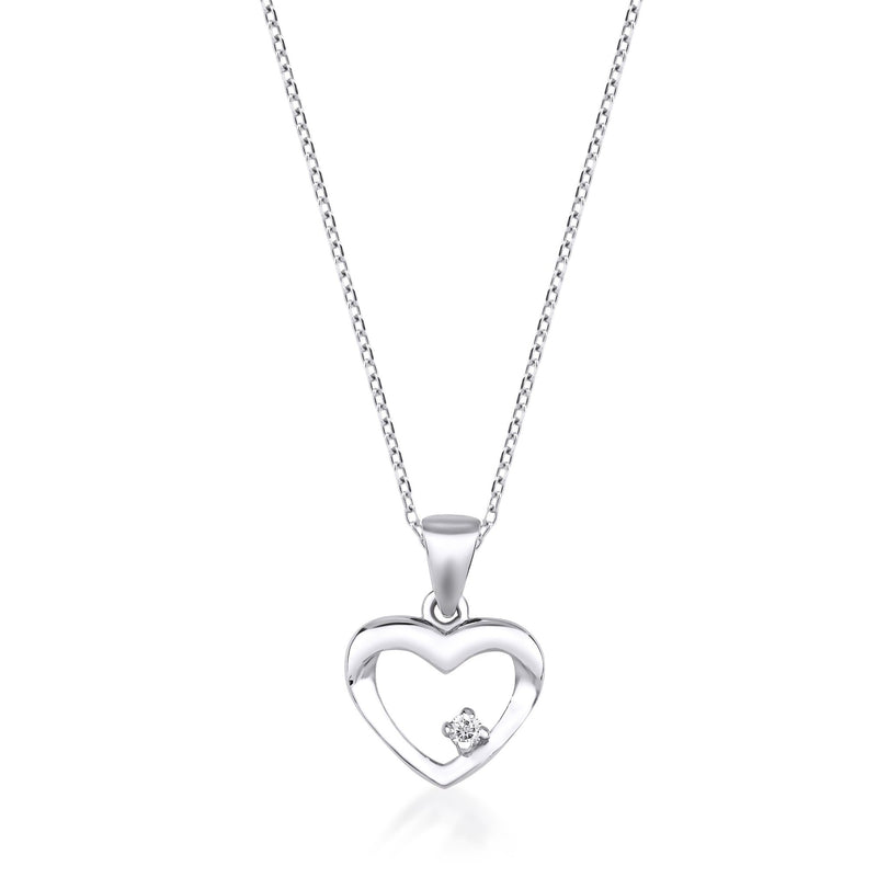 14K Solid White Gold Diamond Heart Necklace