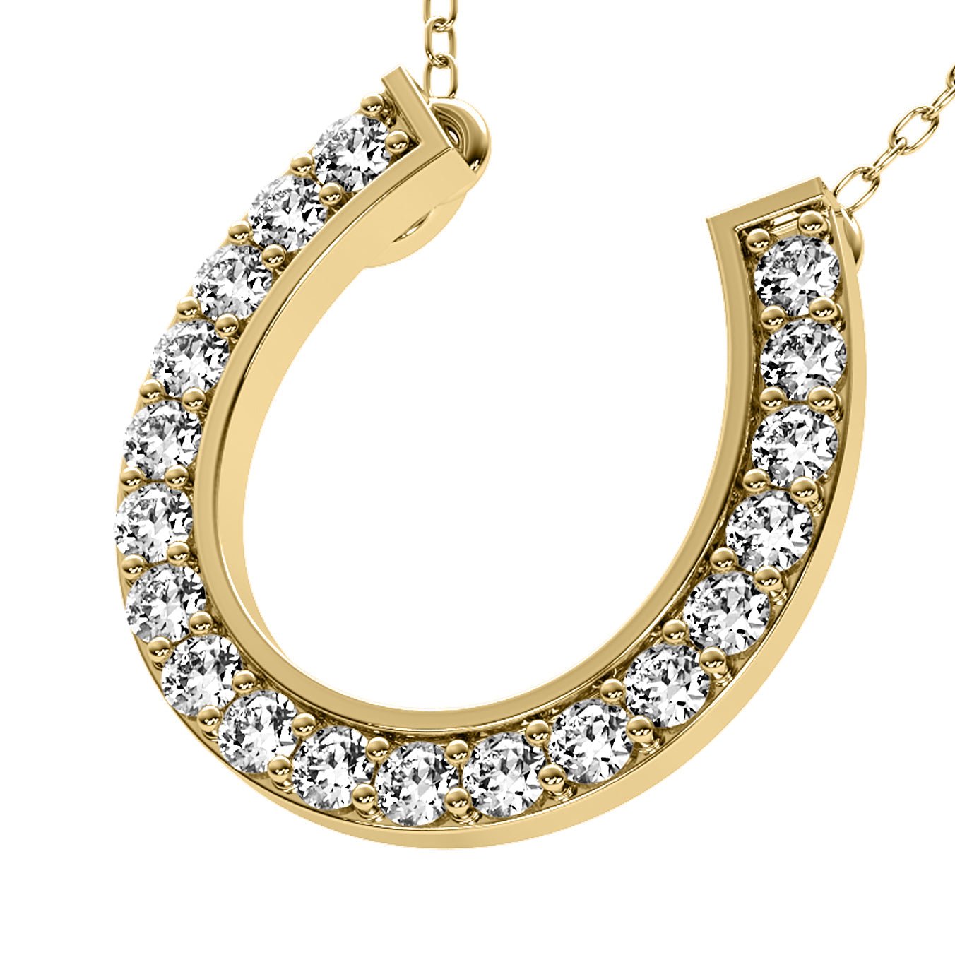 14K solid gold horseshoe necklace with sparkling white diamonds, a perfect lucky charm for any occasion.