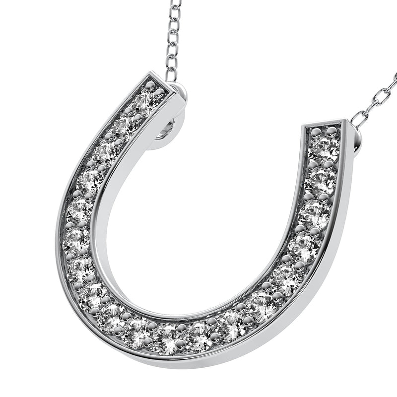 14K Solid White Gold Diamond Horseshoe Necklace, Lucky charm