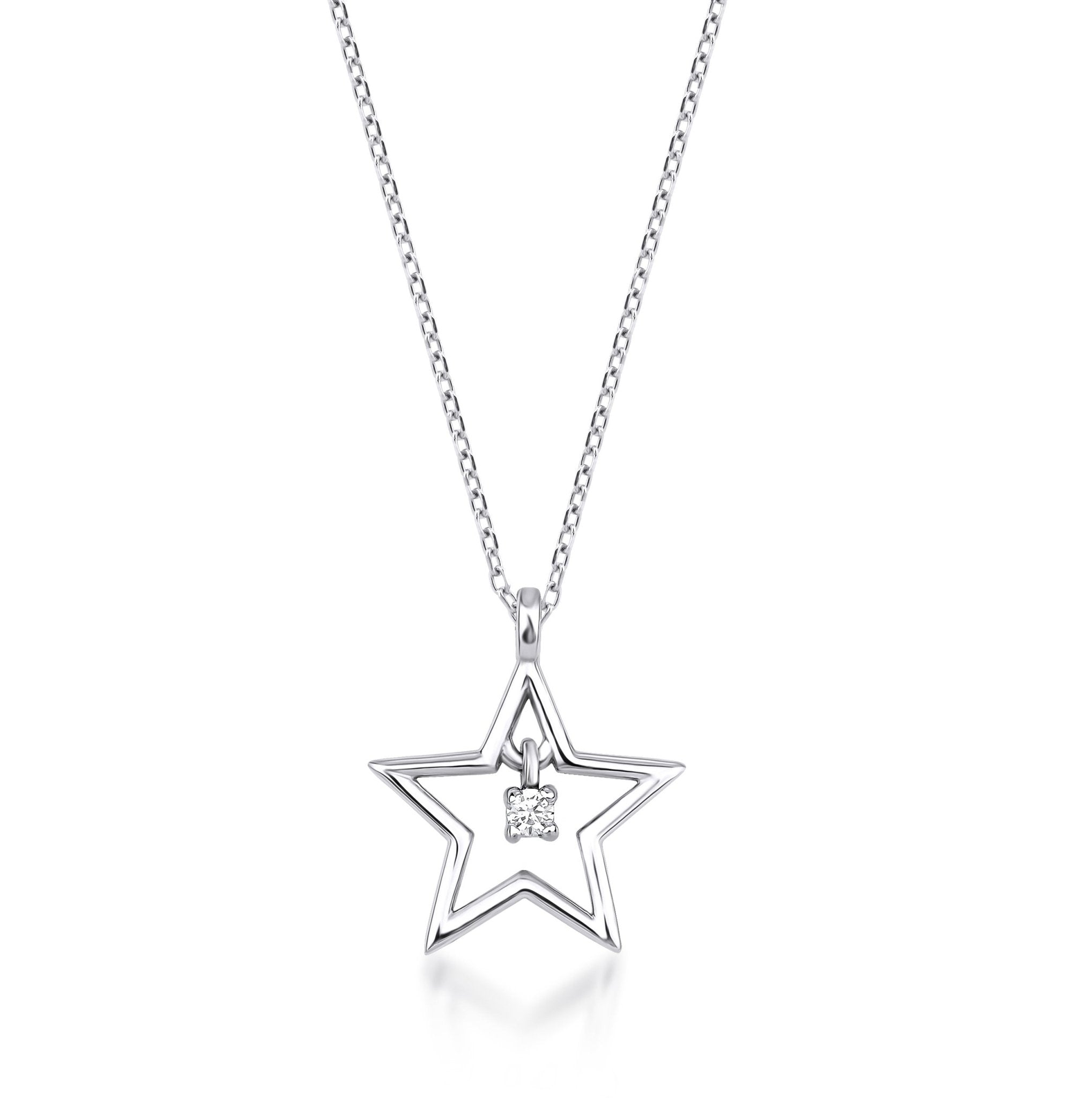 14K solid white gold dainty star necklace with natural diamond, minimalist design, perfect for everyday wear.