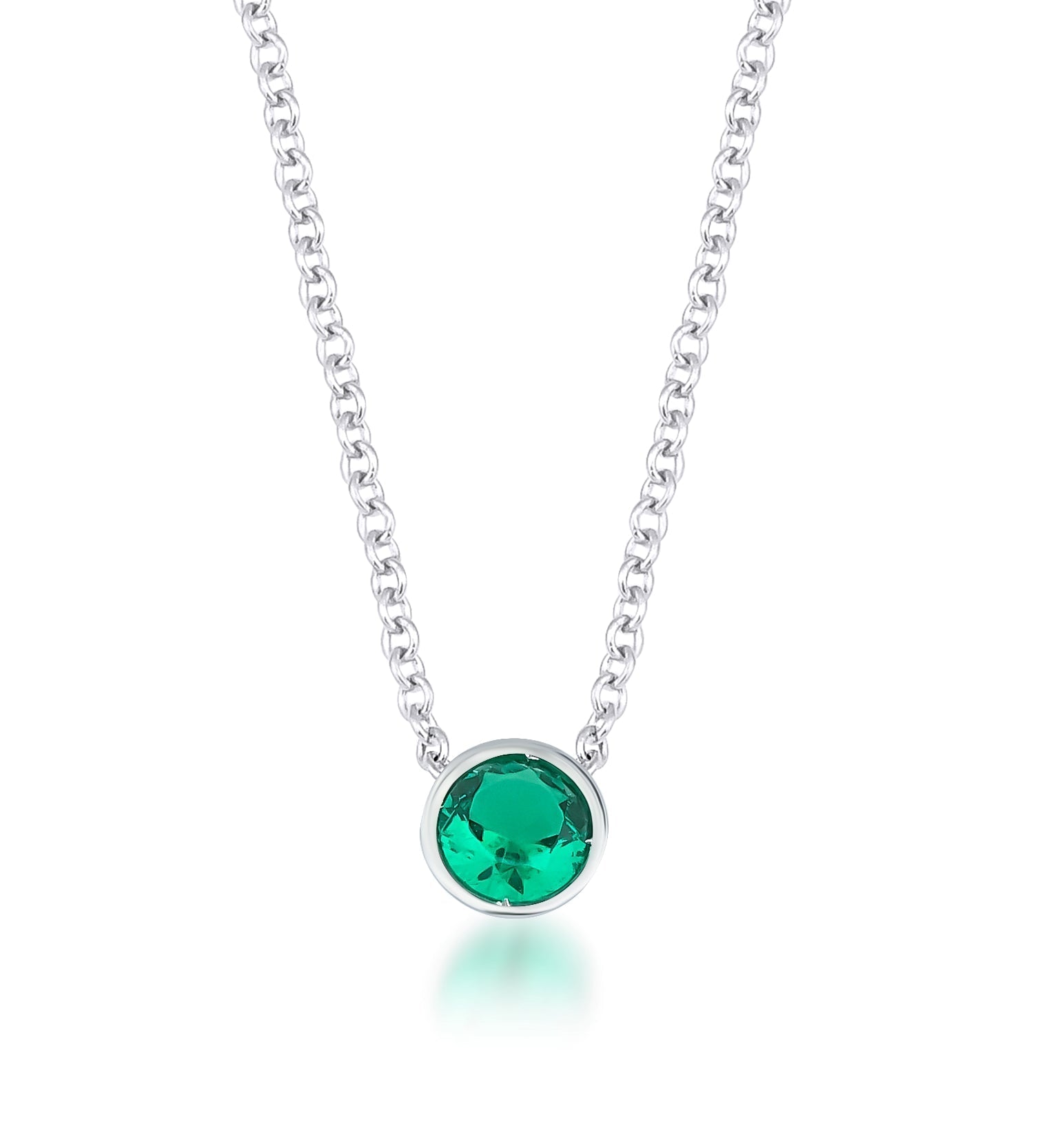 14K solid white gold 4mm bezel set solitaire emerald necklace, May birthstone, minimalist pendant design.