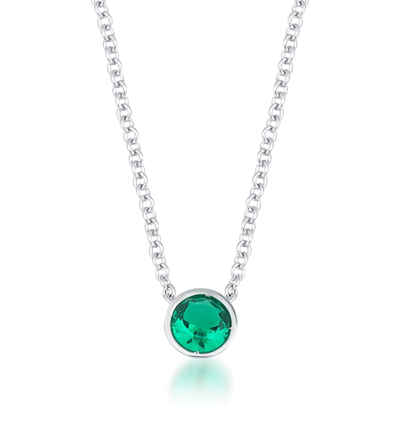 14K Solid White Gold Emerald Solitaire Necklace, Bezel Set Emerald Necklace, May Birthstone