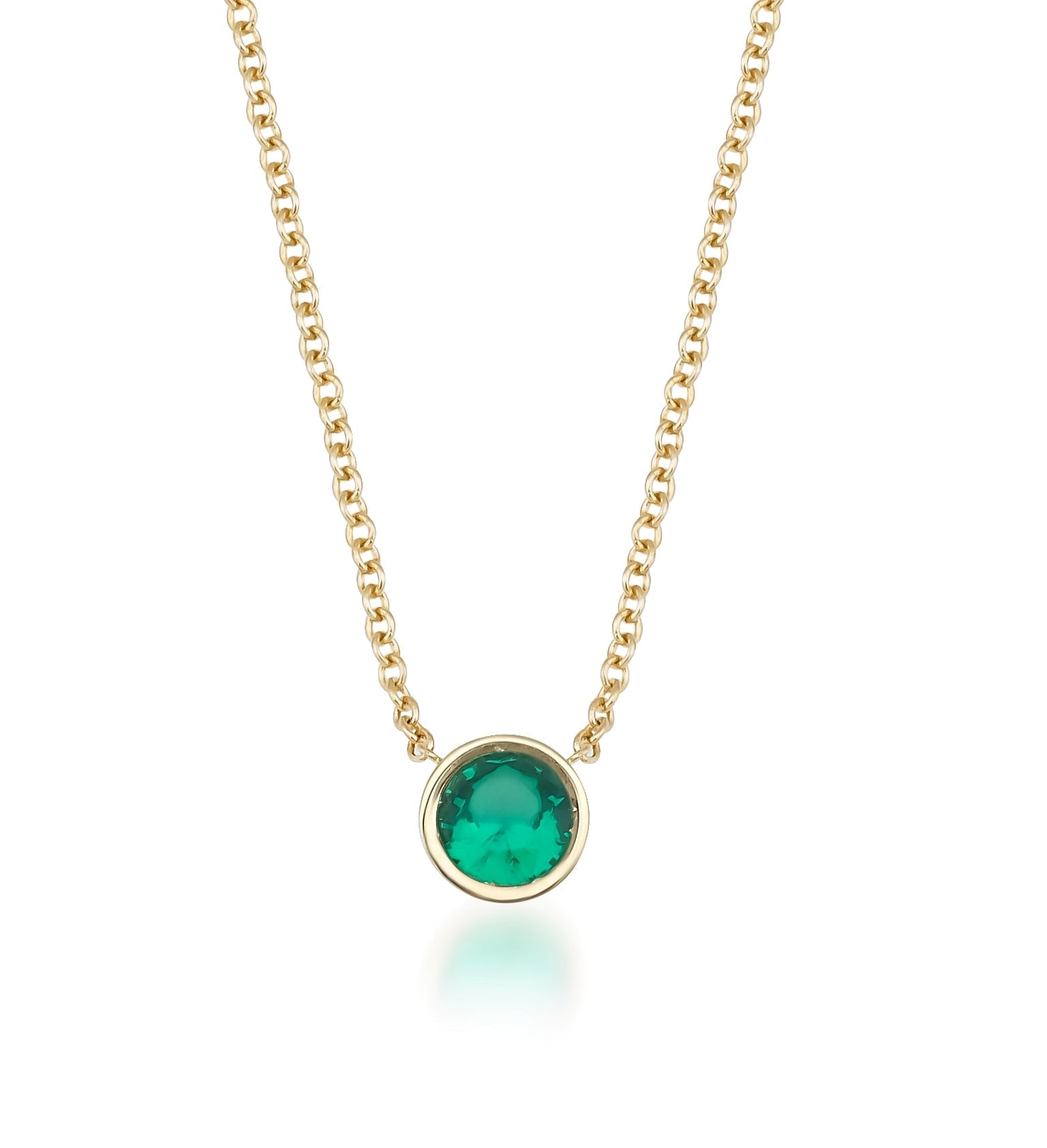 14K solid white gold 4mm bezel set solitaire emerald necklace, minimalist design, May birthstone, perfect for everyday wear.