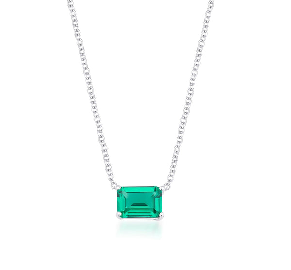 14K Solid White Gold Emerald Solitaire Necklace, Emerald Cut Minimalist Emerald Necklace, May Birthstone