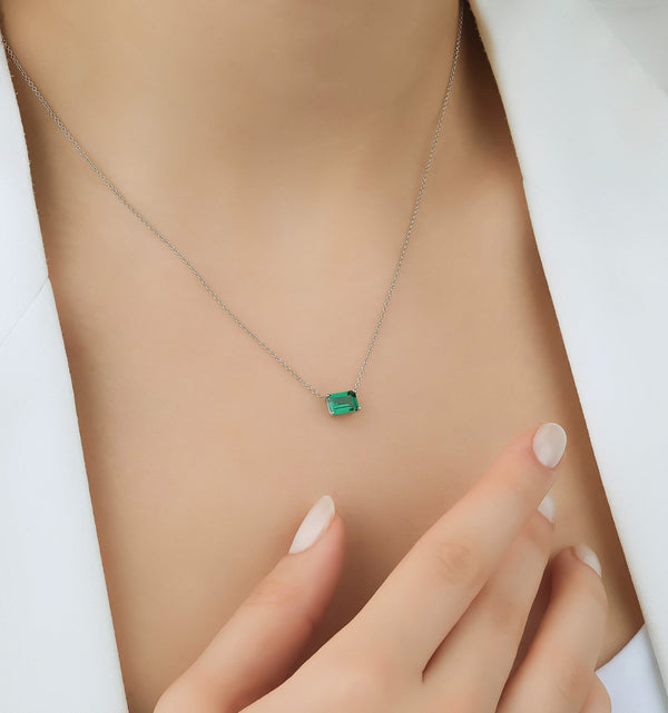 14K Solid White Gold Emerald Solitaire Necklace, Emerald Cut Minimalist Emerald Necklace, May Birthstone