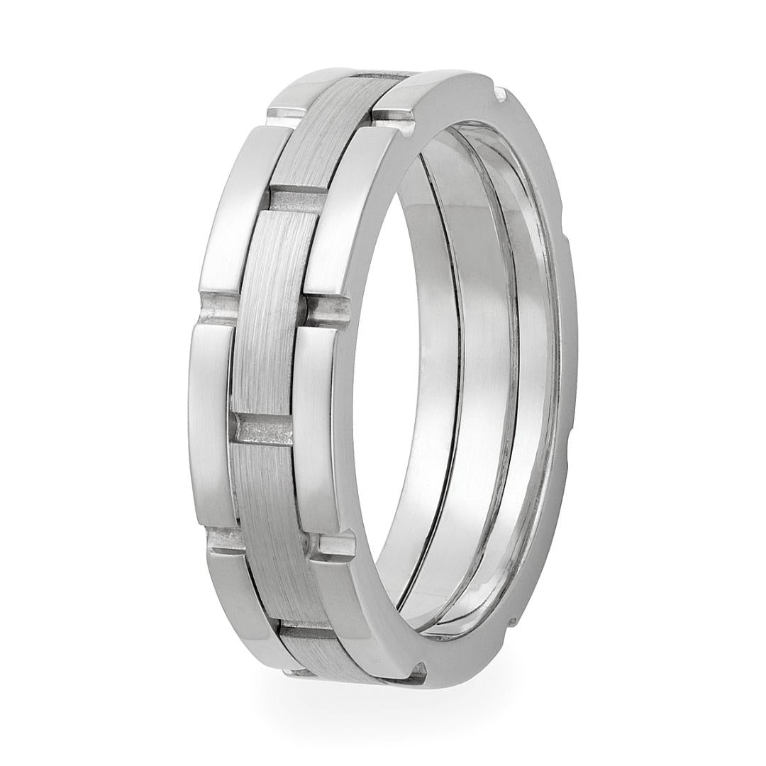 14K solid white gold handmade men's wedding band, 6mm wide, satin finish center, shiny edges, comfort fitted, made in USA.